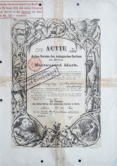 AKTIE DES BERLINER ZOOLOGISCHEN GARTENS IM BESITZ DES BANKIERS  ERNST VON MENDELSSOHN-BARTHOLDY, AUSGESTELLT IN DER MENDELSSOHN-REMISE