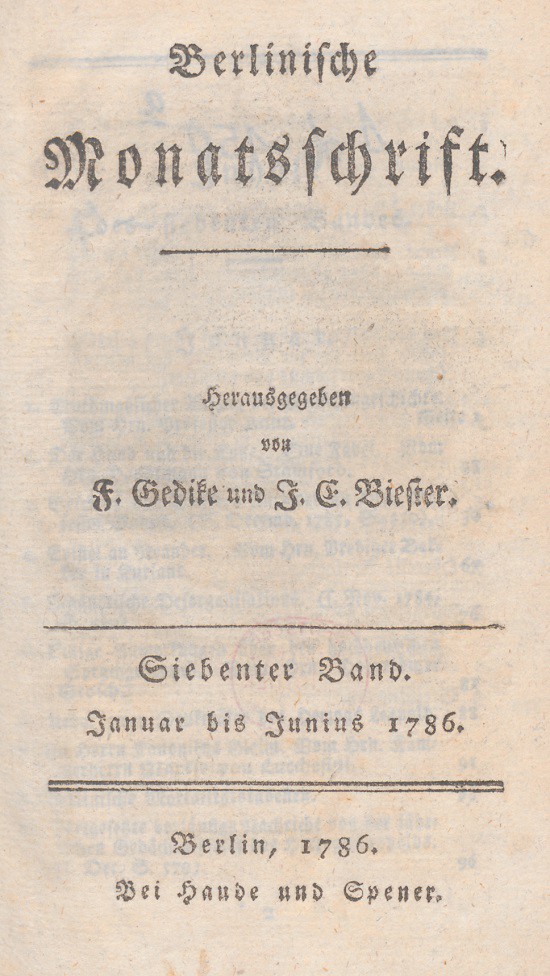 Mendelssohn Gesellschaft Berlinische Monatsschrift März 1786 Cover