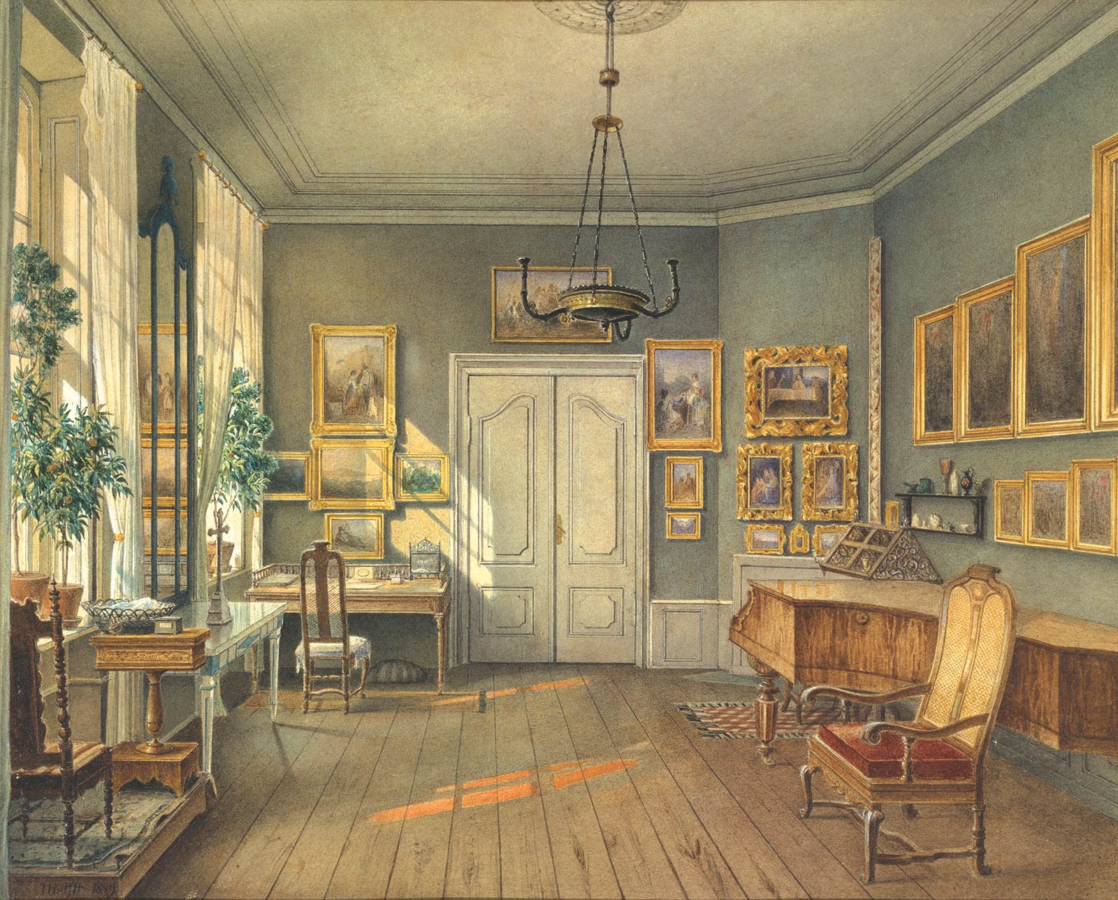 Fanny’s music room with piano, sewing table, and paintings by her husband.  Julius Helfft, “The Music Room of Fanny Hensel,” 1849, Cooper Hewitt, National Design Museum, New York.